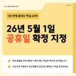 2026년 5월 1일 노동절 법정 공휴일 확정 – 적용 대상·5월 연휴 일정·5월 4일 임시공휴일 여부까지 2026년 5월 1일 노동절 법정 공휴일 확정